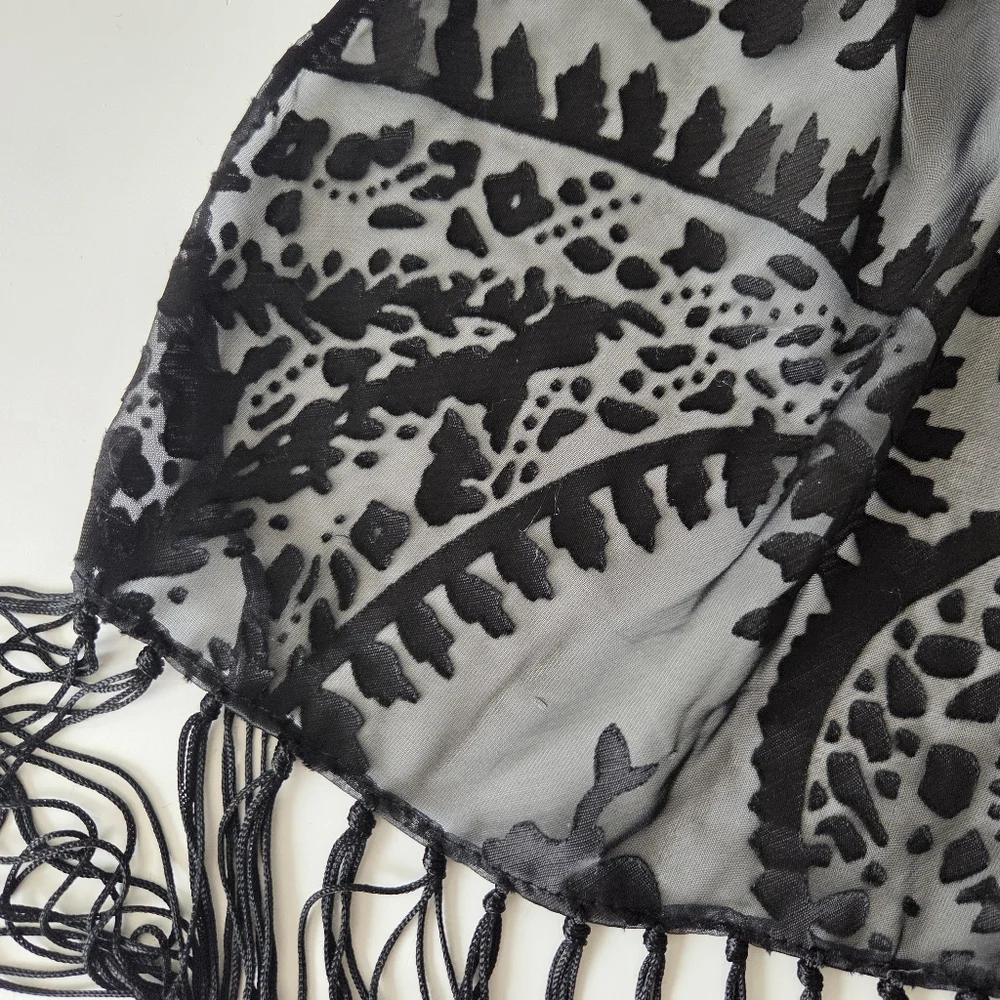 NWT Style & Co Burnout Chiffon Sheer Paisley Floral Fringed Black Scarf 20×73 In